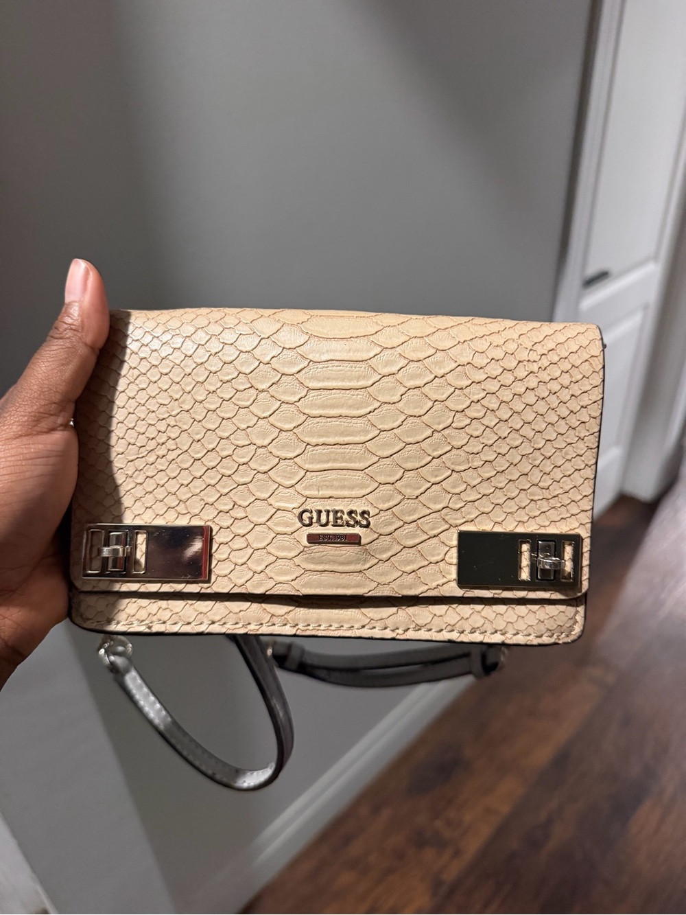 GUESS Cream Faux Snakeskin Crossbody with Gold Hardware